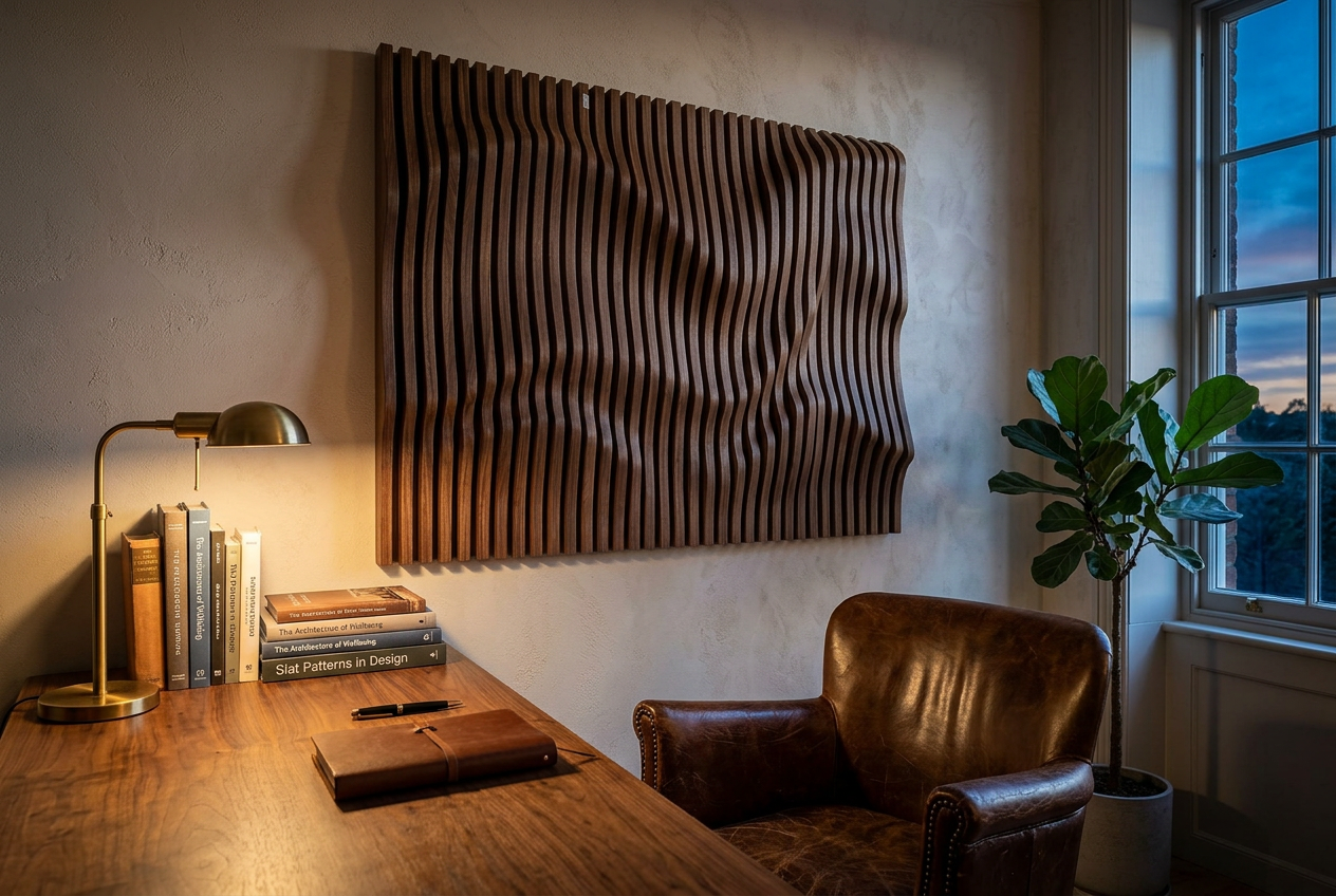 Wave panel — designer office at dusk