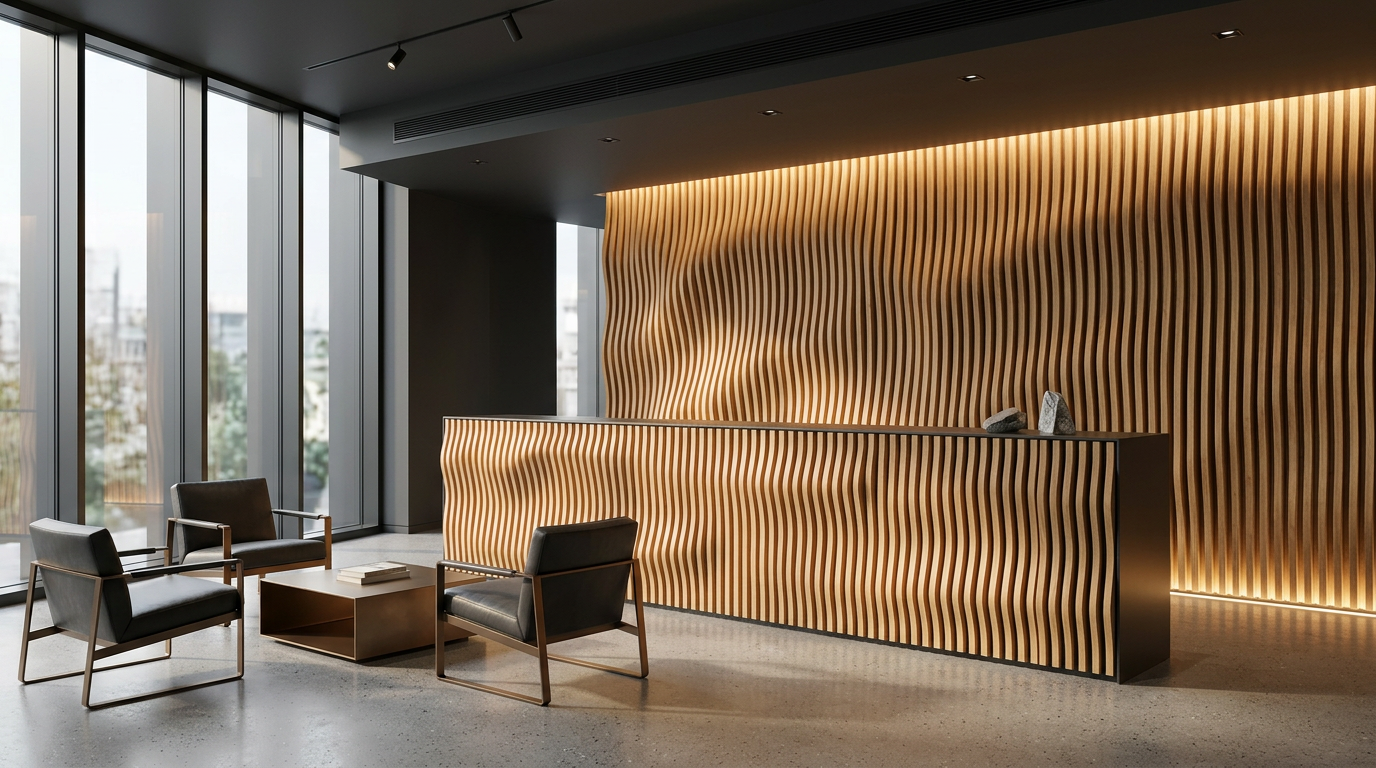 Wave-fronted reception desk and full-height wave wall in a contemporary office